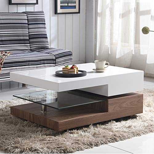 GOLDFAN High Gloss Rectangular Glass Swivel Coffee Table with Storage for Living Room Office Furniture, Walnut & White