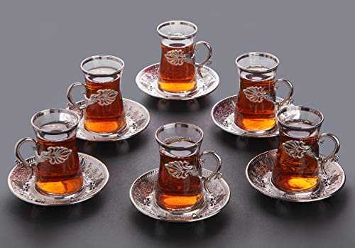 LaModaHome Turkish Arabic Tea Glasses Afternoon Tea Lovers Teacup Set of 6 with Silver Color Holders and Saucers - Fancy Vintage Handmade Set, Gift, Teatime