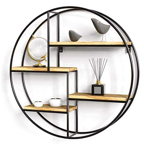Gadgy ® Wall Shelf Round l with 4 Levels l Floating Shelves wood l 100% Natural Wood & Firm Welded Metal l Scandinavian Industrial Style l Ø 16.5 x 4 inch