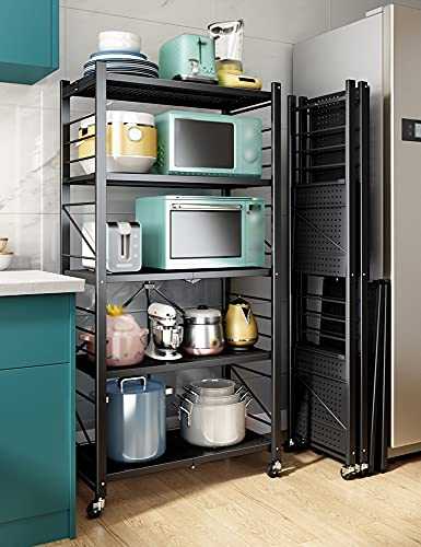 Storage Trolley, Height Adjustable Design Folding Shelf, Kitchen Microwave Oven Rack/Black/L