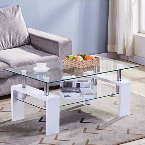 GOLDFAN Modern High Gloss Coffee Table Rectangle Glass Side End Table for Living Room Furniture,2 Tiers,Storage,White