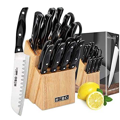 HOBO Knife Set, 19-Piece Premium Kitchen Knife Set With Wooden Block | Japan Stainless Steel Chef Knife With Knife Sharpener & 8 Steak Knives, Perfect Knife Set Gift