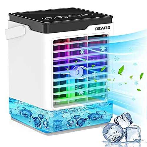 Portable Air Cooler, OEARE 4 in 1 Mobile Air Conditioner, Air Cooler & Humidifier & Purifier, Evaporative Cooler with Water Tank, 3Adjustable Speeds and Colorful LED Mood Light for Home and Office