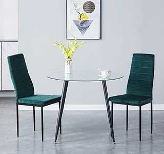GOLDFAN 3-Piece Dining Table Set Modern Round Glass Kitchen Table and 2 Velvet Chairs with Black Metal Legs Dining Room Set (Green, 90CM)