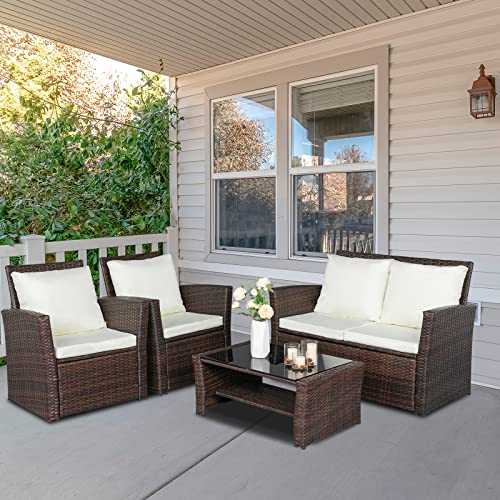 Bonnlo Outdoor Garden 4 Pieces Rattan Furniture Set Patio Conversation Set with Coffee Table, All-Weather Rattan Chair Garden Wicker Sofa Set for Yard,Pool or Backyard (Brown)