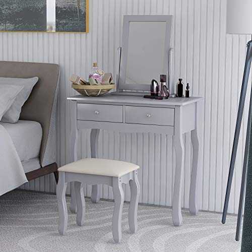 PP Railing Dressing Table with Stool and Mirror 2 Drawers Storage Cabinet White Solid Wooden Makeup Dresser Set Vanity Table for Bedroom (Grey)