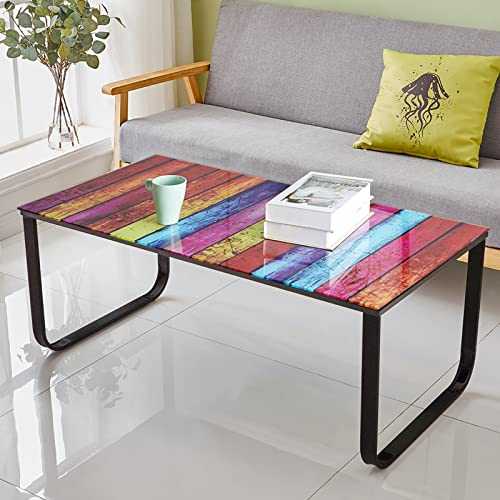 OFCASA Glass Coffee Table with Metal Frame Legs End Side Storage Table for Living Room Bedroom, Rainbow Glass Top