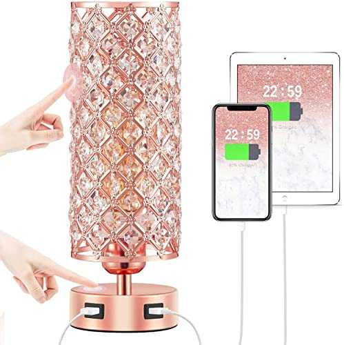 USB Crystal Touch Table Lamp,Seealle Touch Rose Gold Lamp with Dual USB Charging Ports,3 Way Dimmable USB Touch Lamp with Crystal Shade, Crystal USB Lamps for Livingroom (Bulb
