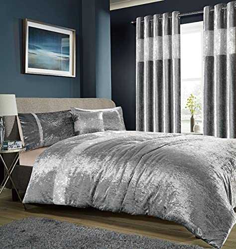 Olivia Rocco Duvet Cover Set Diamante Crushed Velvet Quilt Cover Sets With Pillowcases Luxury Bedding, Silver King