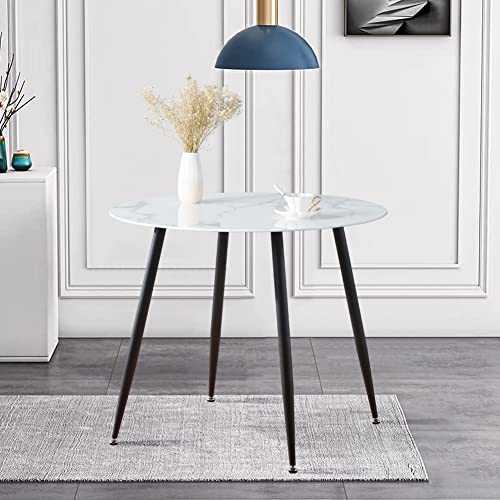 GOLDFAN Round Marble Dining Table Modern Design Kitchen Dining Table with Black Metal Legs for Kitchen Furniture Dining Room Living Room Office, 90 cm, White