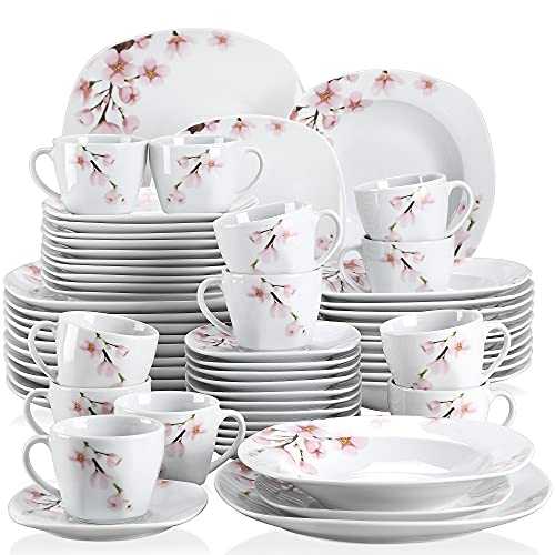 VEWEET 'Annie' 60-Piece Dinner Set Ivory White China Ceramic Pink Floral Combination Sets with Porcelain Plates Set, Cups and Saucers Set Service for 12
