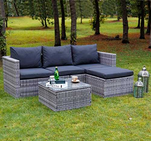 Rattan Garden Corner Sofa with Coffee Table Patio Furniture Set - 3 to 4 Seater (Dark Grey Mixed with Dark Grey Cushions)