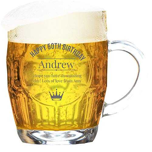 GiftsOnline4U Personalised Birthday Tankard Glass Dimple Engraved/Traditional/1 Pint/20 Ounces/Gift Box