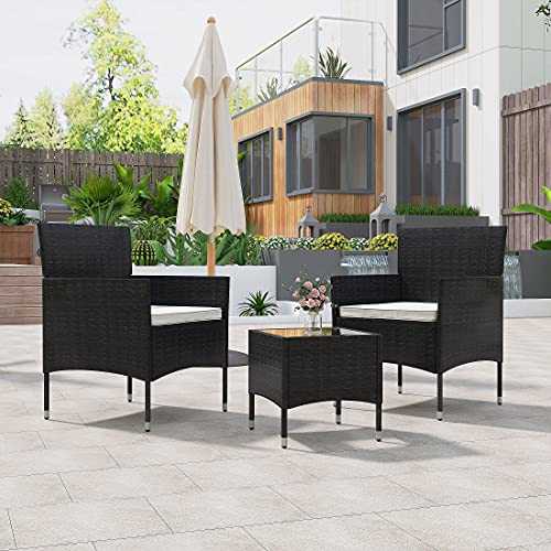 Panana Rattan Garden Furniture Set 2 Seater Wicker Chairs with Cushions Coffee Table Set Patio Backyard Conservatory Outdoor Indoor Black