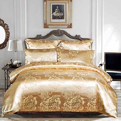 Bedding Satin Jacquard Comforters Covers Sets (NO Comforter) 3 Piece Floral Silk Like Luxury Duvet Cover Set Ultra Soft Queen Size Brushed Zipper Closure and 2 Pillow Shams Navy Blue (Golden Yellow Ki