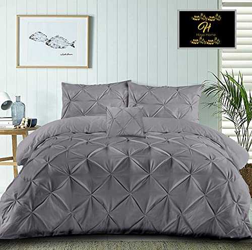 Haya Home Pinch Pleat Pintuck Duvet Covers Super King Size Beds with Matching Pillowcases & Complimentary Cushion Cover, 4 Pieces Poly Cotton Rich Bedding Soft Washable Easy Care (Grey, SuperKing)