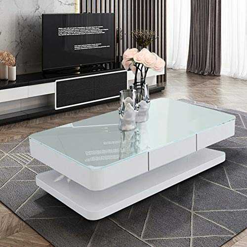 OFCASA 2 Drawers Coffee Table with Glass Top White High Gloss Wood Storage Coffee Table for Living Room Home Office
