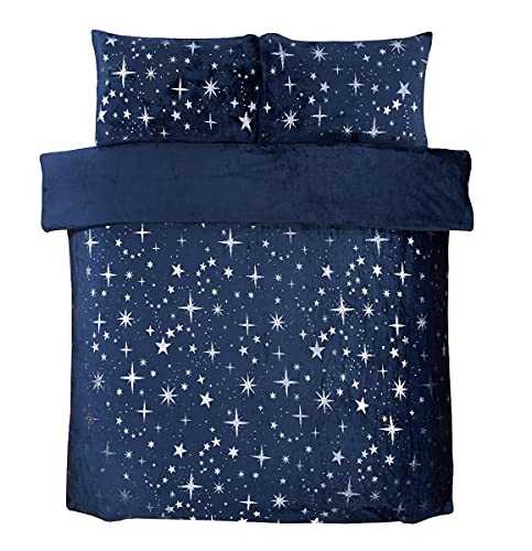 Sleepdown Scattered Stars Luxury Foil Fleece Navy Plain Reverse Warm Soft Cosy Duvet Cover Quilt Bedding Set with Pillowcases - Double (200cm x 200cm)