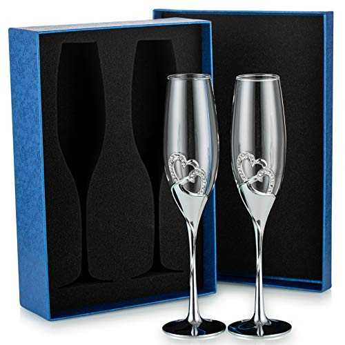Sziqiqi 2 Piece Creative Champagne Glass Set with Gift Box Wedding Crystal Heart-Shaped Champagne Flutes, Toasting Flute Glasses with Rhinestone Rimmed Hearts Decor for Wedding Anniversary Party