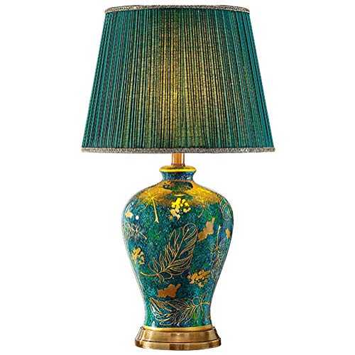 GREATY Table Lamp Ceramics Painted Lamps American Luxurious Bedside Lamp Fabric Lampshade E27 Lighting Oriental Culture Porcelain Art Deco Club Hotel Lamps, Green,Dimmer Switch
