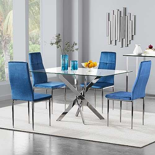 GOLDFAN Glass Dining Table and Chairs Set of 4 Rectangular Kitchen Table and Soft Cushion Velvet Chairs 5 Pieces Glass Dining Room Set,Blue/120CM