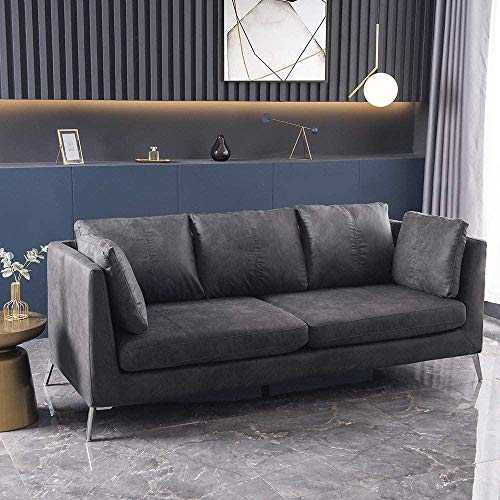 YRRA Luxury 3 Seater Sofa Faux Leather/Fabric Sofa Settee Couch for Living Room Office Lounge (Black PU)-Gray broadened