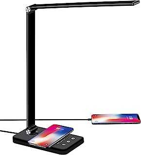 BIENSER LED Desk Lamp with Wireless Charger, USB Charging Port, Table Lamp with 10 Brightness, 5 Lighting Colors, Dimmable Eye-Caring Desk Lamps for Home Office, Touch Control, 30/60min Auto Timer