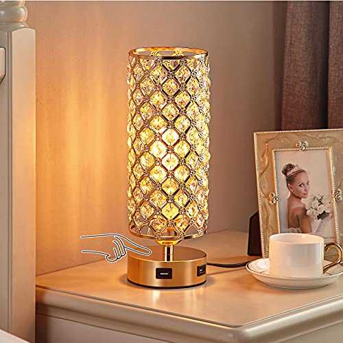 Touch Control Crystal Table Lamp, Aooshine Dimmable Gold Bedside Lamp with Dual USB Charging Ports, 3 Way Dimmable Touch Lamp with Gold Crystal Shade, Crystal USB Lamp for Bedrooms (Bulb Included)