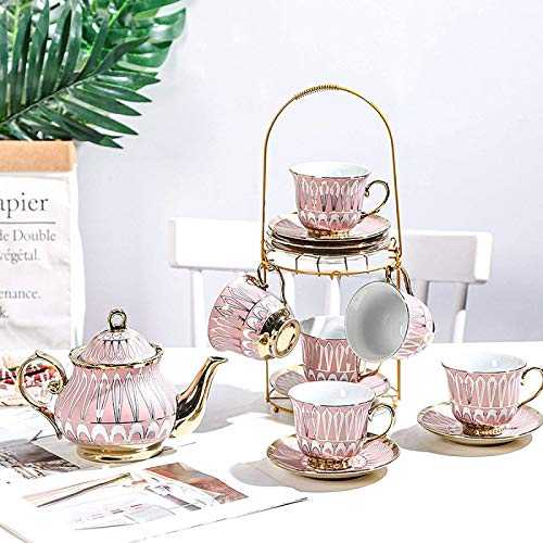 RDJSHOP British Porcelain Tea Sets, Ceramic Teapot with Cups and Saucers Set with Cup Holder Stand Ceramic Tea Service for Adults Afternoon Tea Set,Pink