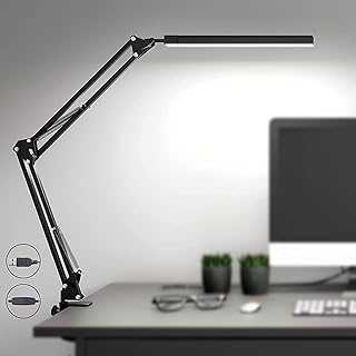 SKYLEO LED Desk Lamp with Clamp - LED Desk Light for Office - 3 Color Modes X 10 Brightness Levels - 1100LM - Memory Function - 12W Study Lamp - Black
