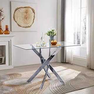 GOLDFAN Rectangular Glass Dining Table,Modern Design 120cm Kitchen Table With Chromed Legs for Dining Room Living Room Office,Black