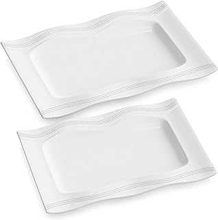 MALACASA, Series Mario, 2-Piece Ivory White Porcelain Dinner Combi-Set with 11" Rectangular Plate and 13.25" Rectangular Plate Serving Platters Tray Set of 2