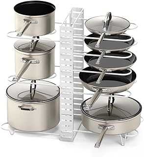 Vdomus Pot Rack Organizer with 3 DIY Methods, Pot Lid Organizer for Pans, Metal Kitchen Pot Racks, 8 pots and Pans Holder, Kitchen Storage Cabinet Organizer Cookware Storage, White