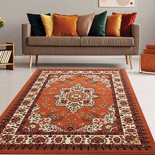 Antep Rugs Alfombras Oriental Traditional 5x7 Non-Skid (Non-Slip) Low Profile Pile Rubber Backing Indoor Area Rugs (Rust Brown, 5' x 7')