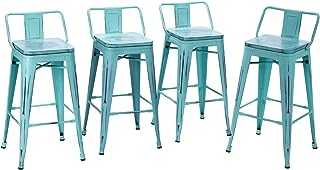HAOBO Home Distressed Bar Stools Industrial Metal Barstools Counter Height Stools with Wooden Seat [Set of 4] (24", Low Back Distressed Green-Blue)