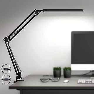 SKYLEO LED Desk Lamp with Clamp, Eye-Care Dimmable Reading Light, 3 Color Modes Swing Arm Lamp, USB Clip-on Table Lamp, Daylight Lamp for Desk Accessories, Work Bench, Architect