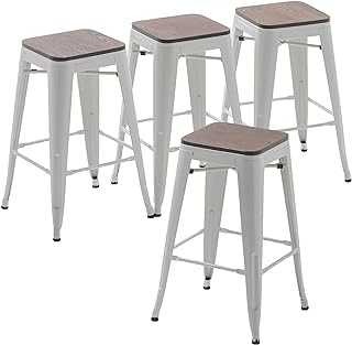24 Inch Backless Metal Bar Stool Kitchen Counter Bar Stools Set of 4 Stackable­ (24 inch, White Wooden)