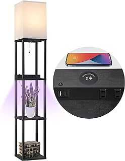 Floor Lamp with Shelves for Living Room, Shelf Floor Lamp with LED Grow Light, Wireless Charging Station, USB Port and AC Outlet, Modern Standing Light Column Floor Lamp Tower Nightstand for Bedroom