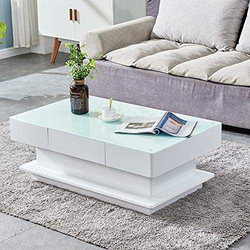 BOJU Modern White High Gloss Coffee Table with 2 Storage Drawers Living Room Large Modern Sofa End Tea Table with Rectangular Glass Tabletop for Office Waiting Reception Furniture