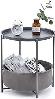 KINGRACK End Table, Metal Nightstand, Coffee Round Table, Sofa Side Snack Table with Detachable Tray Top and Fabric Storage Basket, Scandi Style Table for Living Room Bedroom (Dark Grey)