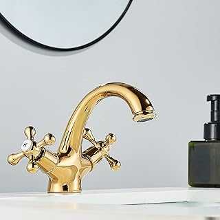 Rozin Bathroom Countertop Luxury Sink Tap Dual Cross Knobs Hot and Cold Water Golden Polished