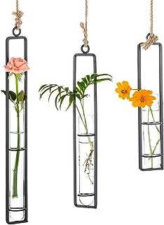Sziqiqi Set of 3 Hanging Planter Terrarium, Metal Iron Clear glass Test Tube Flower Vases Holder, Wall Hydroponic Plants decor, Decoration for Living Room Bathroom Bedroom Kitchen, S + M + L