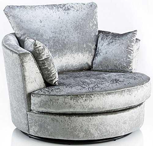 Sofas and More Large Swivel Round Cuddle Chair Fabric Crushed Velvet Designer Scatter Cushions (Silver)