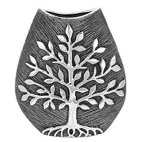 Modern Contemporary Tree Of Life Gun Metal Silver Grey Ceramic Wide Vase Gift