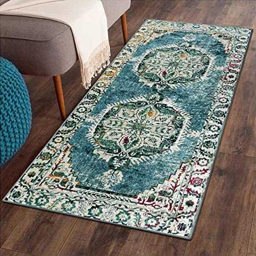 Persian Oriental Rug Runners 2x4 ft LEEVAN Traditional Collection Vintage Area Rug Non Slip Washable Soft Entryway Doormat Distressed Floral Throw Carpet for Hallway/Doorway/Bedside/Bathroom-Blue