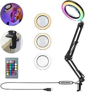 Bestcool 5X LED Magnifying Lamp, 18 Color Modes Magnifier with Light Hands Free 10 Dimmable Brightness Desk Lamp Adjustable Swivel Arm 3 Light Modes Led Lamp with Remote Control for Repair, Reading