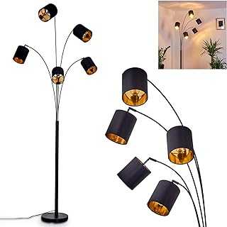 Floor lamp Bhutan in Metal and Black & Gold Textile, Vintage Light with 5 swivelling Lamps and Switch on The Cable, 206 cm high, for 5 x E14 Bulbs max. 40 Watt, LED-Compatible