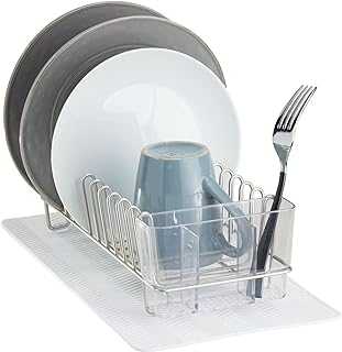 mDesign Dish Drainer — Cutlery Drainer with Slip-Proof Drip Tray — Sink Rack Drainer with Dish Mat Perfect for Cutlery, Glasses and Cup Drying — Satin/White