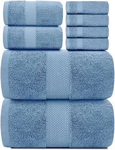 White Classic Luxury Light Blue Bath Towel Set - Combed Cotton Hotel Quality Absorbent 8 Piece Towels | 2 Bath Towels | 2 Hand Towels | 4 Washcloths [Worth $72.95] 8 Pack | Light Blue