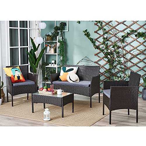 Panana Rattan Garden Furniture Set 4 Piece Set Outdoor Weave Coffee Table Sofa Chair Seat with Cushions Furniture Set Conversation Lawn Backyard Poolside Patio Brown Wicker with Grey Cushions